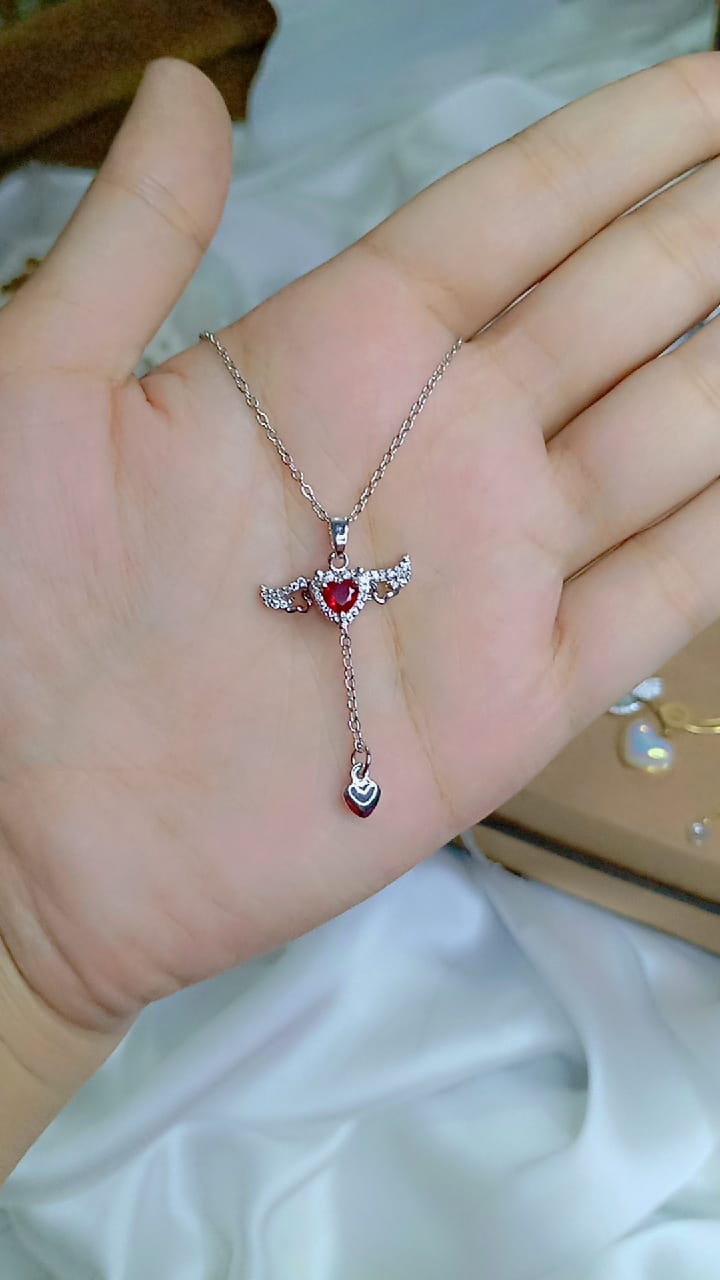 Rose Gold Angel Wing Heart Necklace with Ruby Red Stone