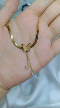 Gold Herringbone Chain Necklace with Butterfly & Crystal Drop Pendant