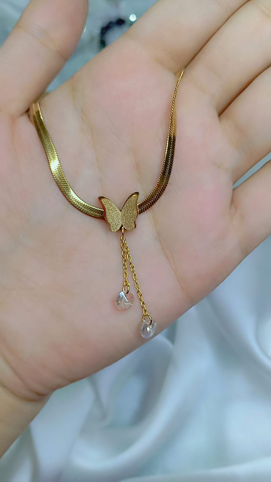 Gold Herringbone Chain Necklace with Butterfly & Crystal Drop Pendant