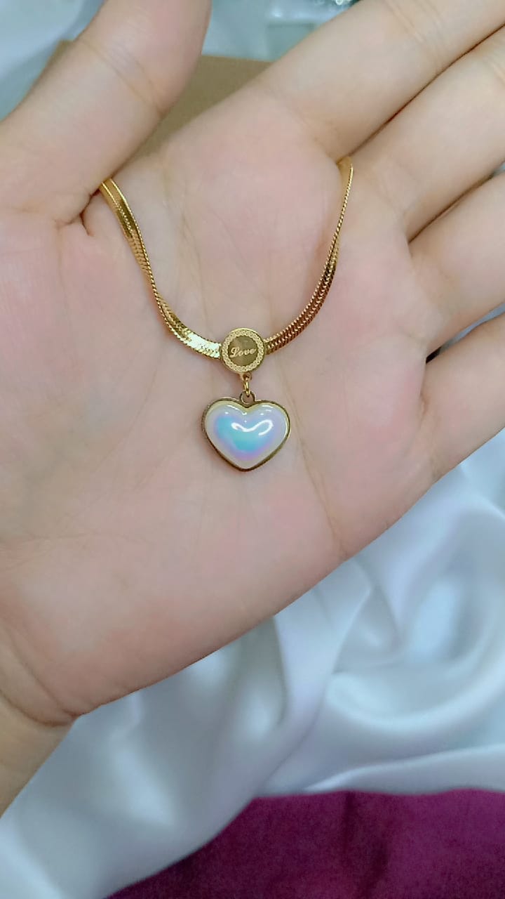 Gold Snake Chain Necklace with Opal Heart Pendant