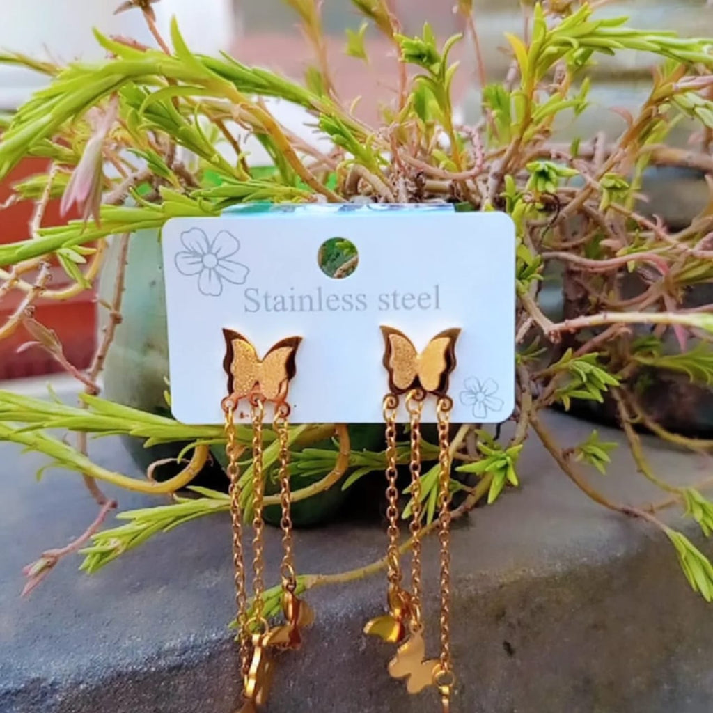 Gold Stainless Steel Butterfly Tassel Drop Earrings