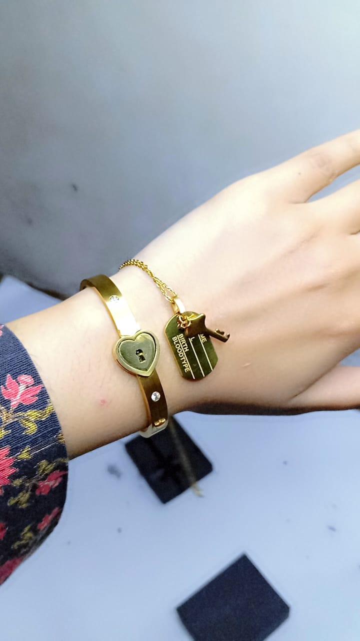 Gold Heart Lock Bangle & Dog Tag Chain Bracelet Set