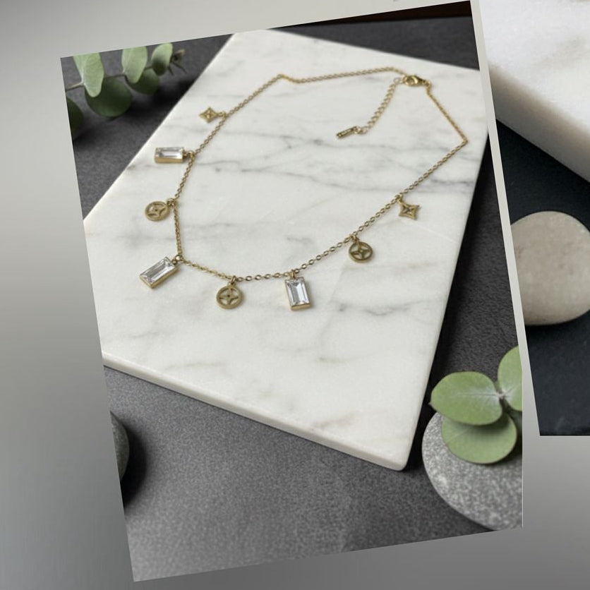 Gold Charm Necklace with Emerald & Crystal Baguettes
