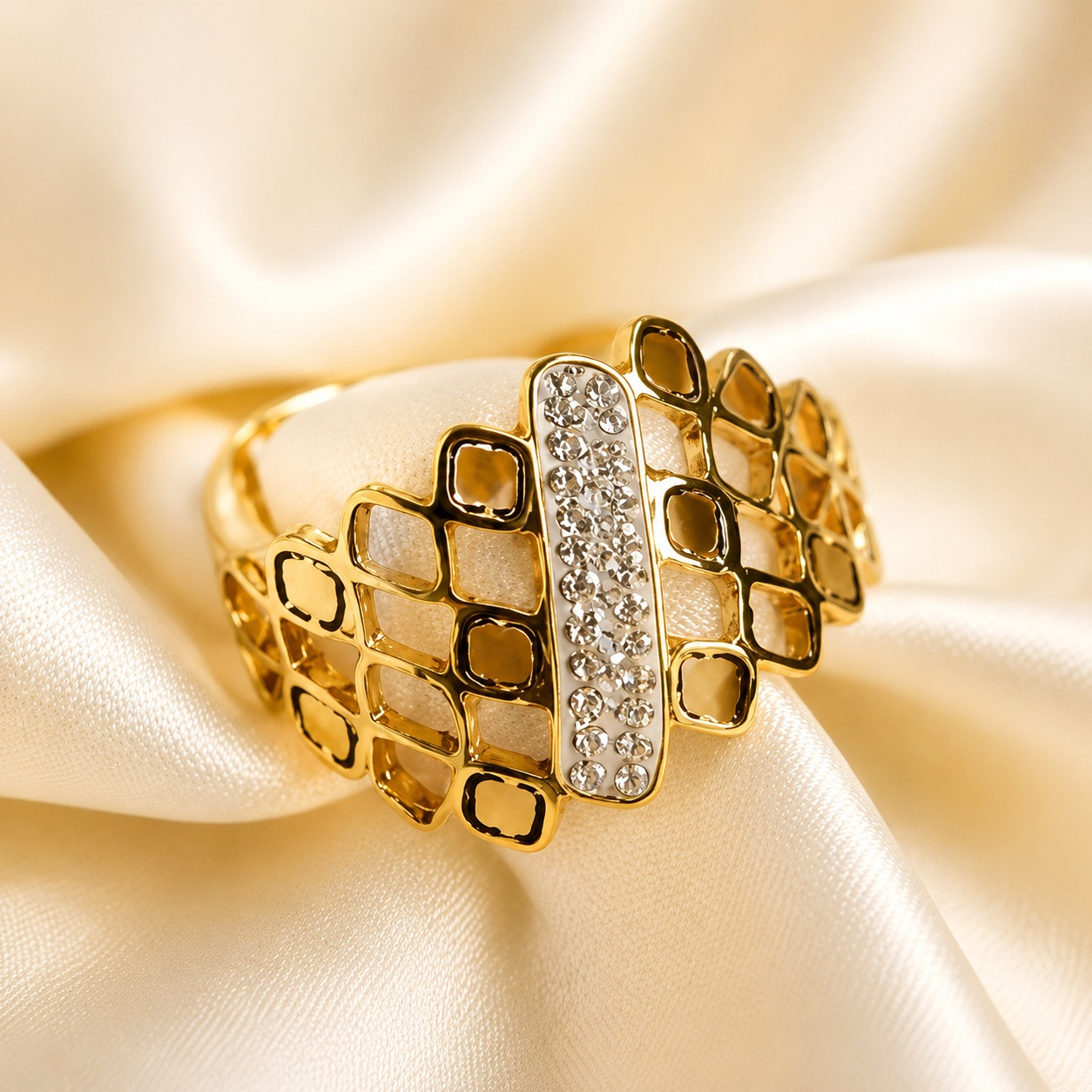 18K Gold Plated Adjustable Lattice Ring | CZ Crystal Band