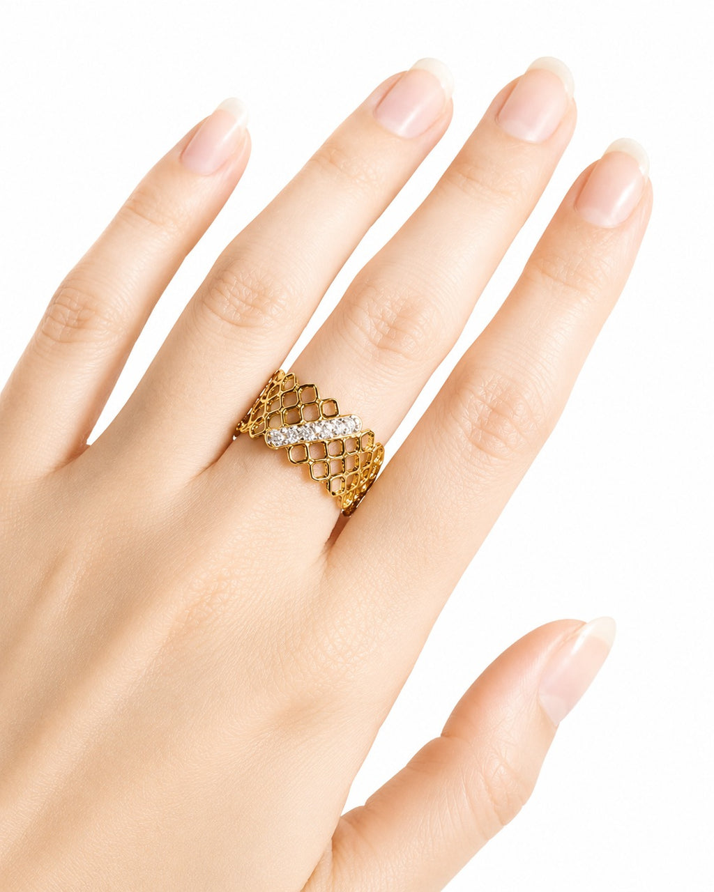 18K Gold Plated Adjustable Lattice Ring | CZ Crystal Band