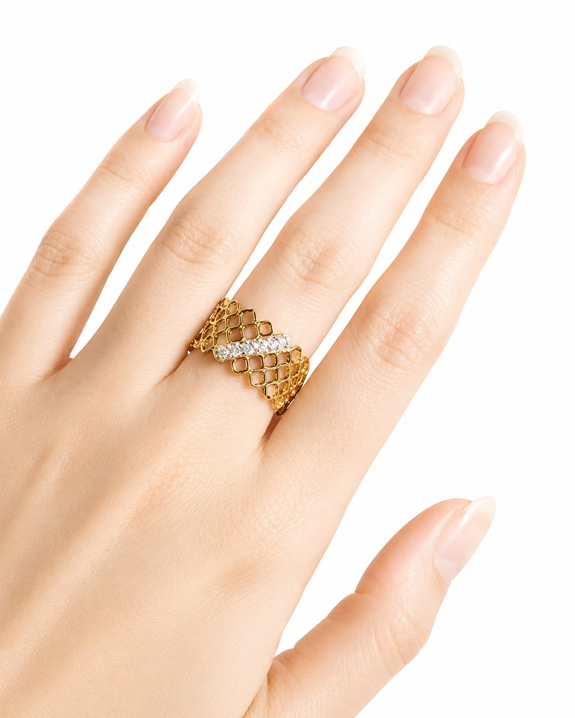 18K Gold Plated Adjustable Lattice Ring | CZ Crystal Band