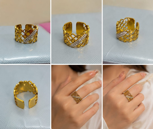 18K Gold Plated Adjustable Lattice Ring | CZ Crystal Band