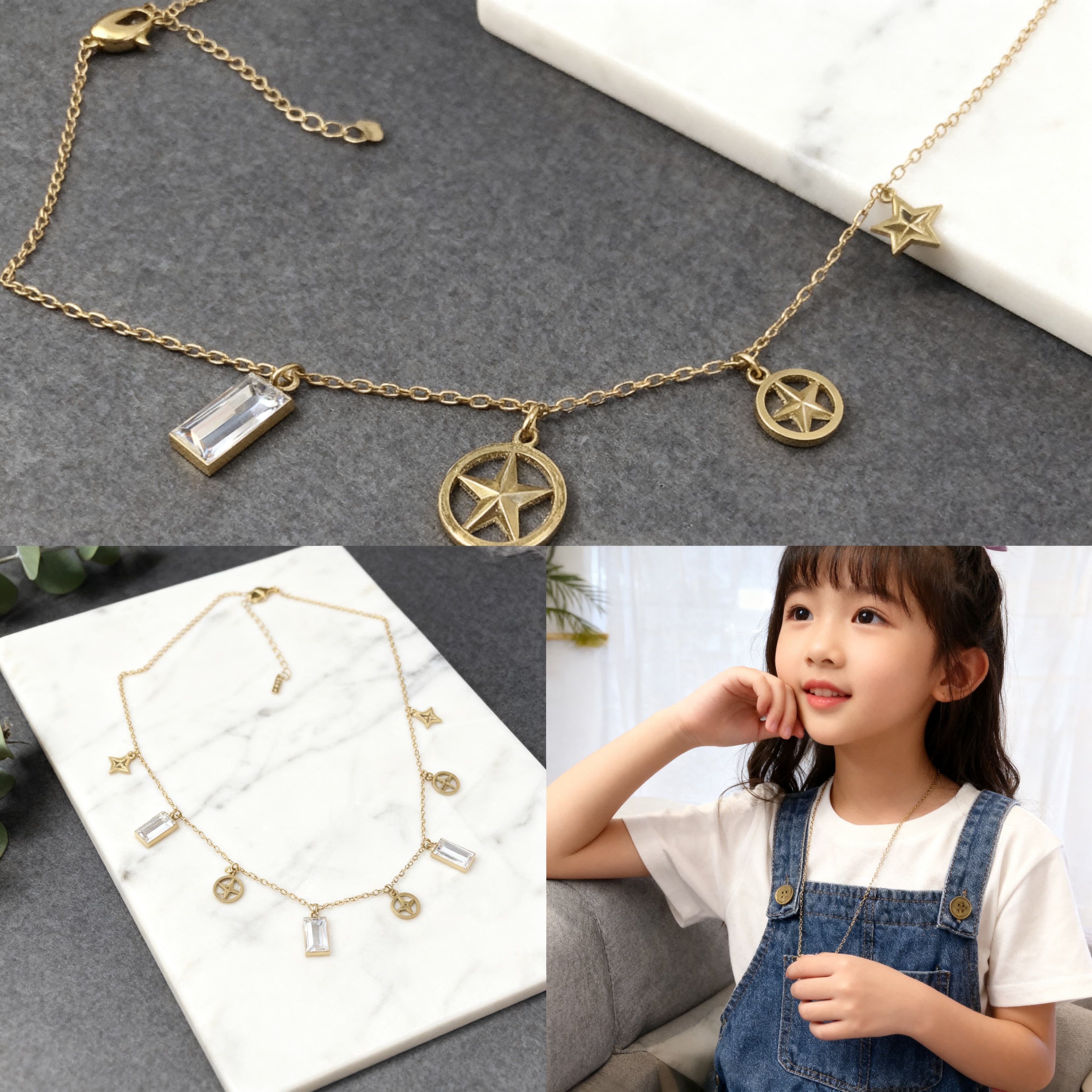 Gold Charm Necklace with Emerald & Crystal Baguettes