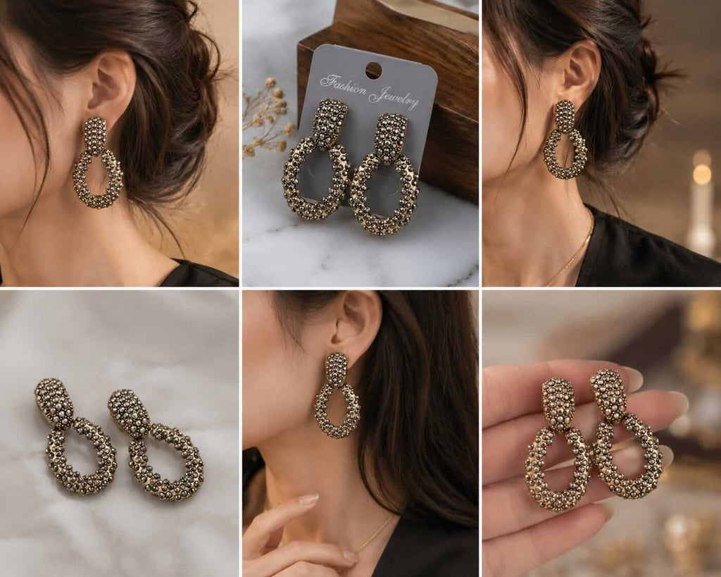 Vintage Antique Gold & Dark Crystal Statement Drop Earrings.