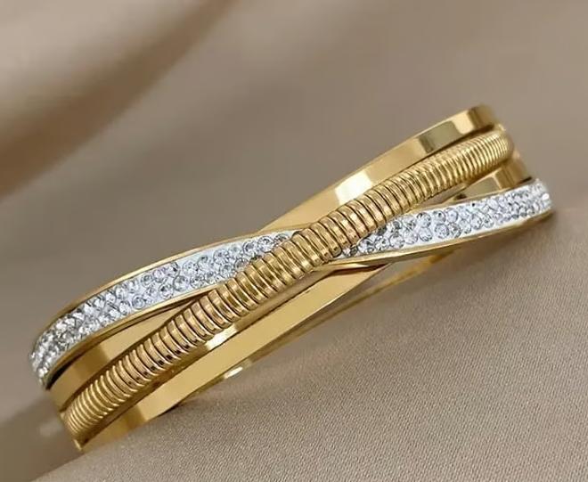 Gold Infinity Wave Bangle Bracelet | Rope Texture & Crystal Crossover Cuff