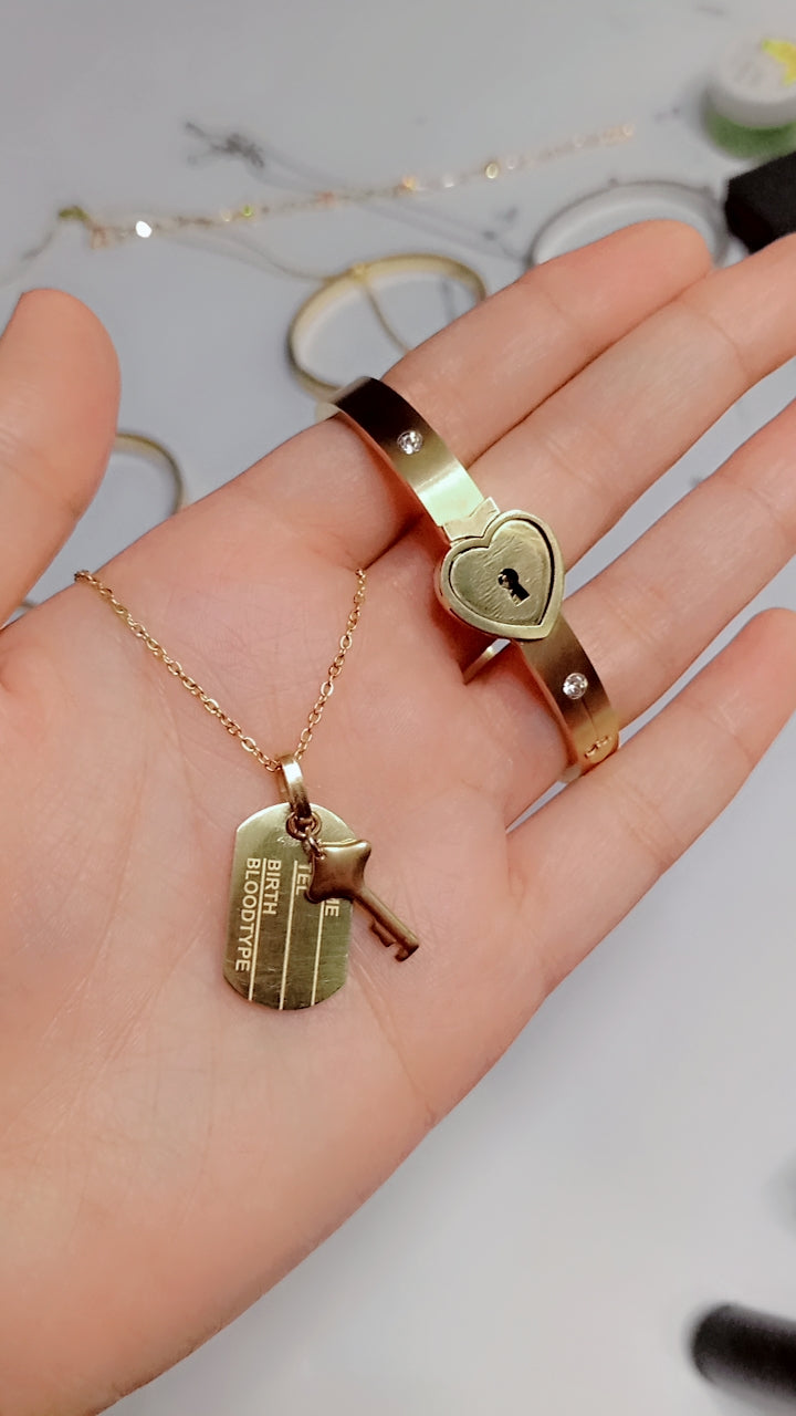 Gold Heart Lock Bangle & Dog Tag Chain Bracelet Set