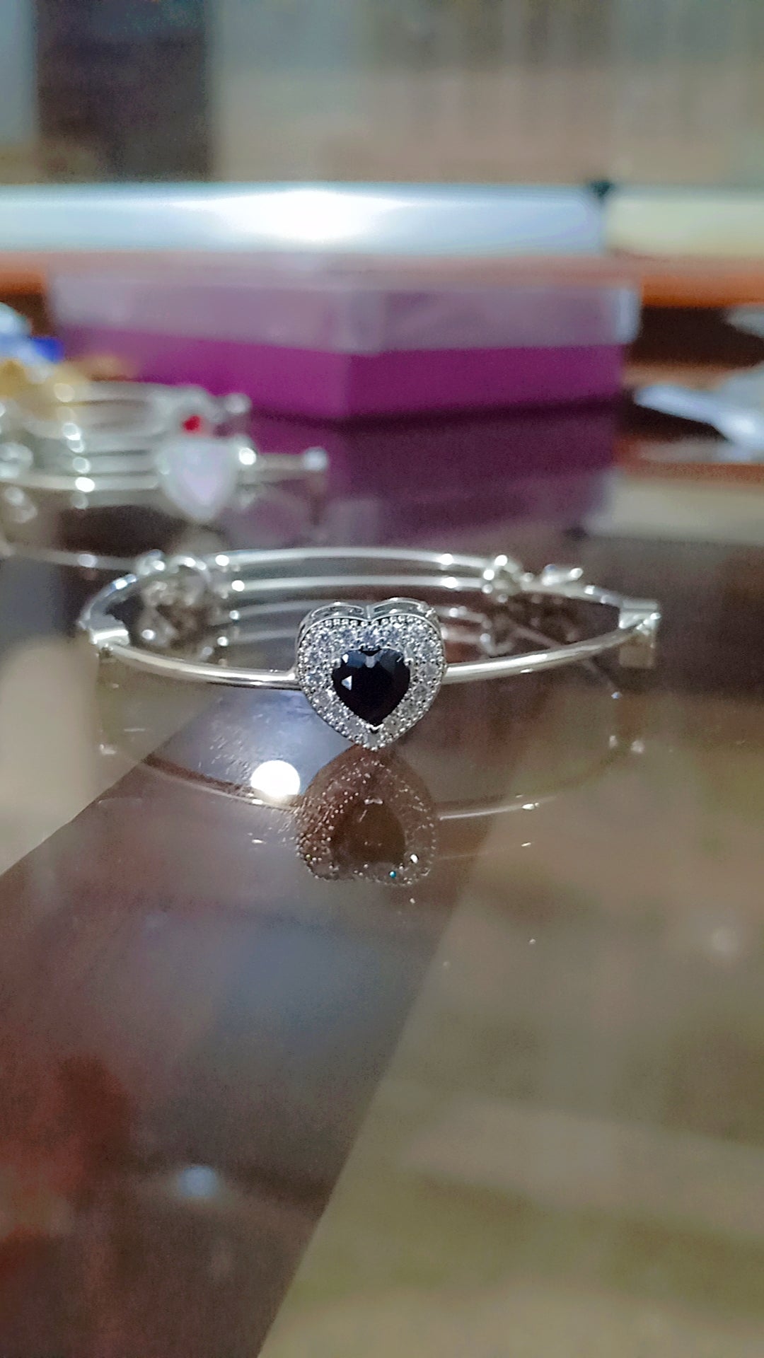 Silver Plated Heart Bangle Bracelet | CZ Crystal Halo | 4 Colors | Women's Jewelry