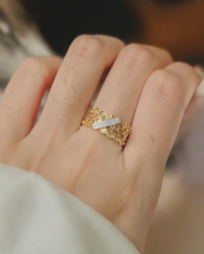 18K Gold Plated Adjustable Lattice Ring | CZ Crystal Band