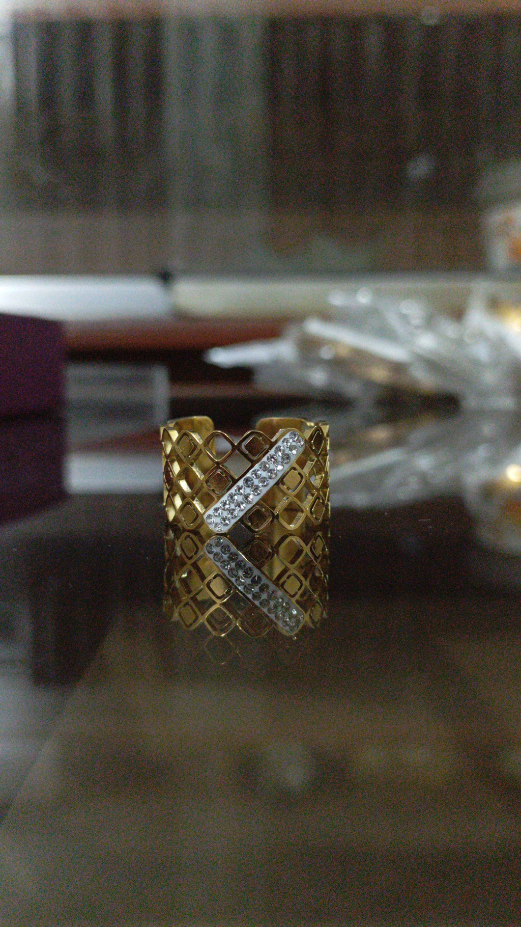 18K Gold Plated Adjustable Lattice Ring | CZ Crystal Band