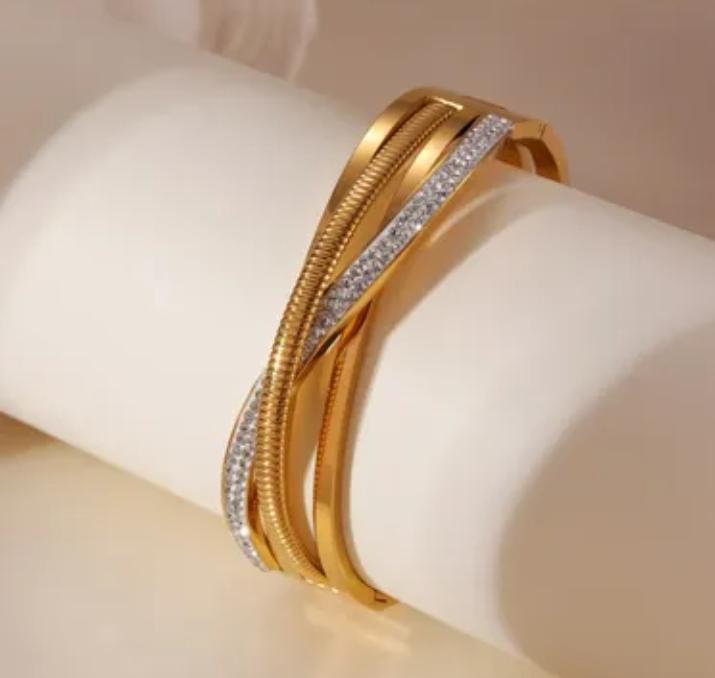Gold Infinity Wave Bangle Bracelet | Rope Texture & Crystal Crossover Cuff