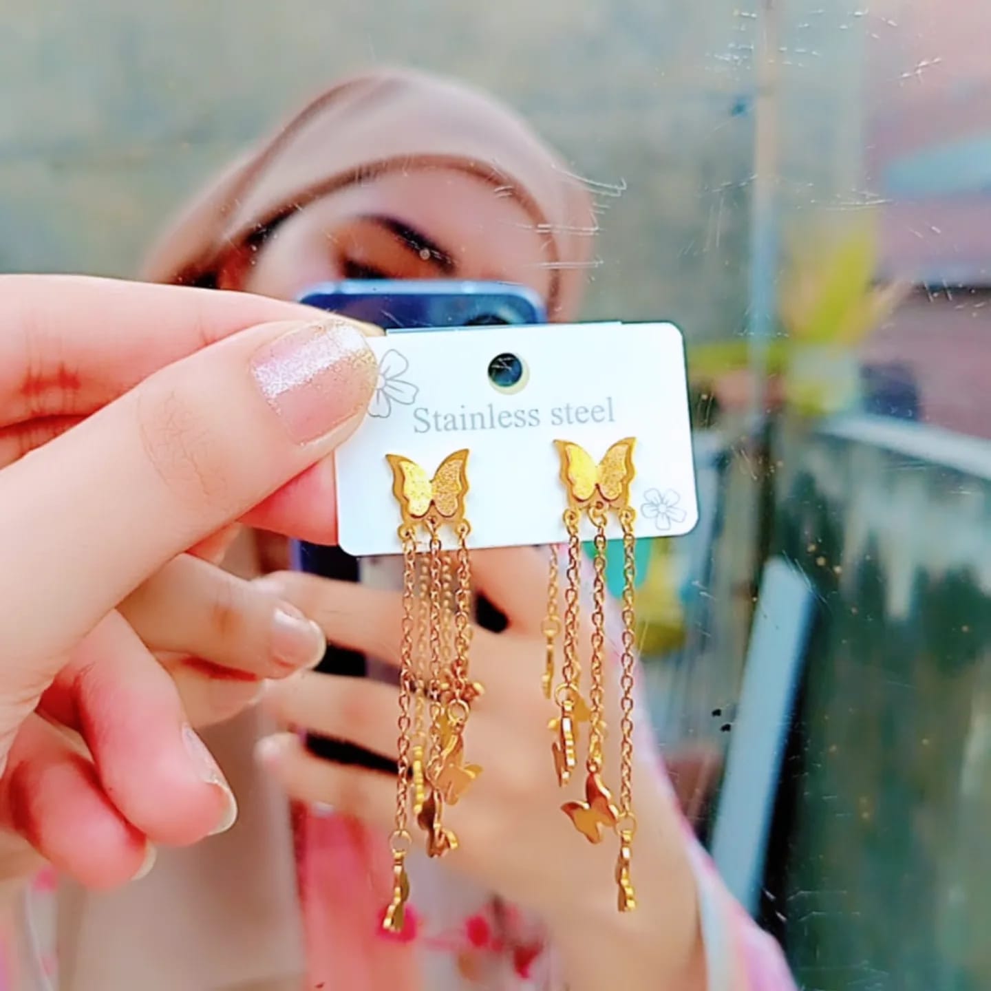 Gold Stainless Steel Butterfly Tassel Drop Earrings