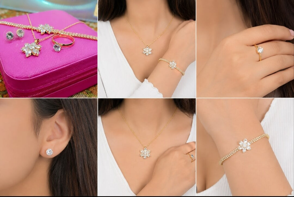 Snowflake Crystal 4-Piece Jewellery Set – Gold & Silver Plated