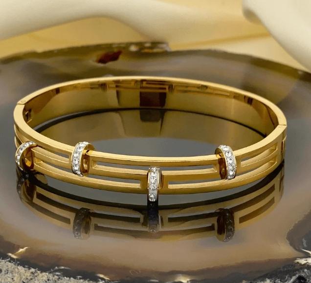 Gold Crystal Bar Hinge Bangle Bracelet | Linear Rail Cuff