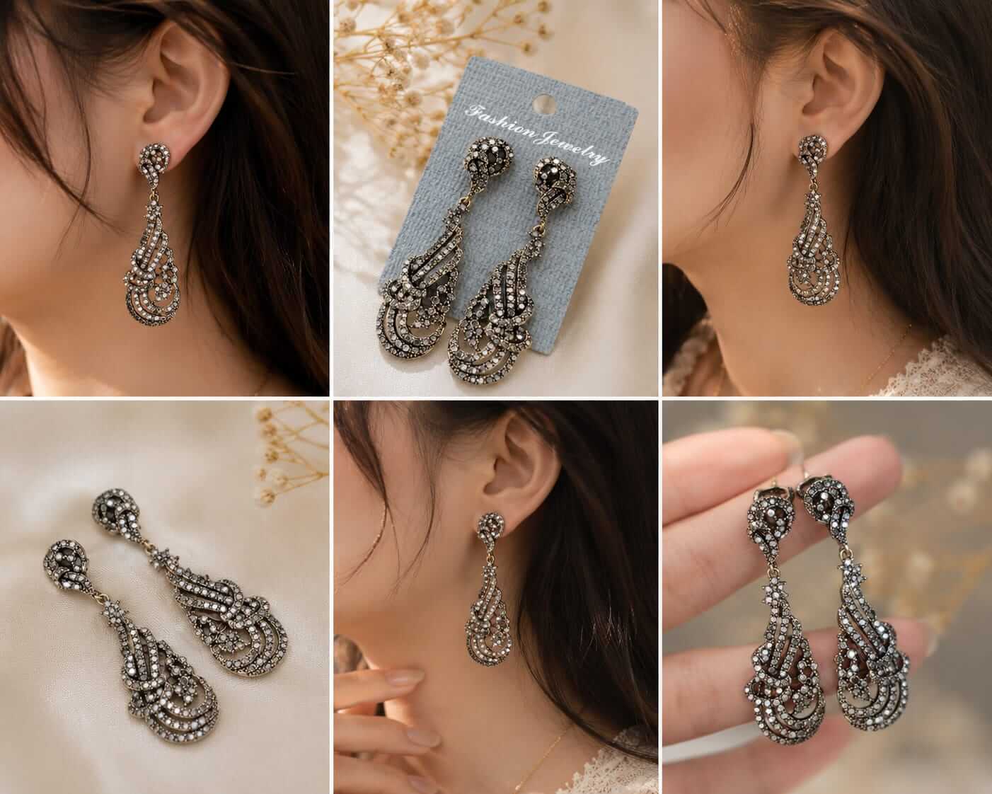 Vintage Antique Gold Crystal Swirl Chandelier Drop Earrings