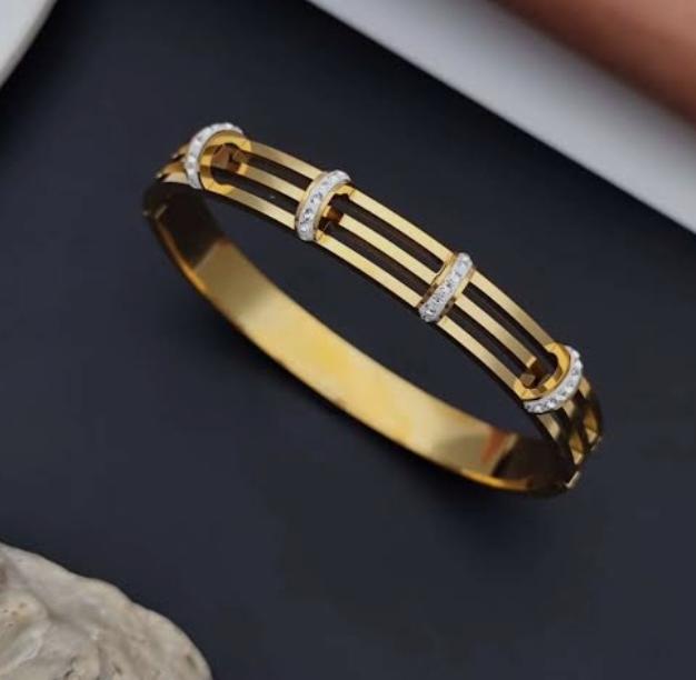 Gold Crystal Bar Hinge Bangle Bracelet | Linear Rail Cuff