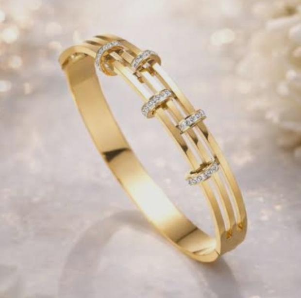 Gold Crystal Bar Hinge Bangle Bracelet | Linear Rail Cuff