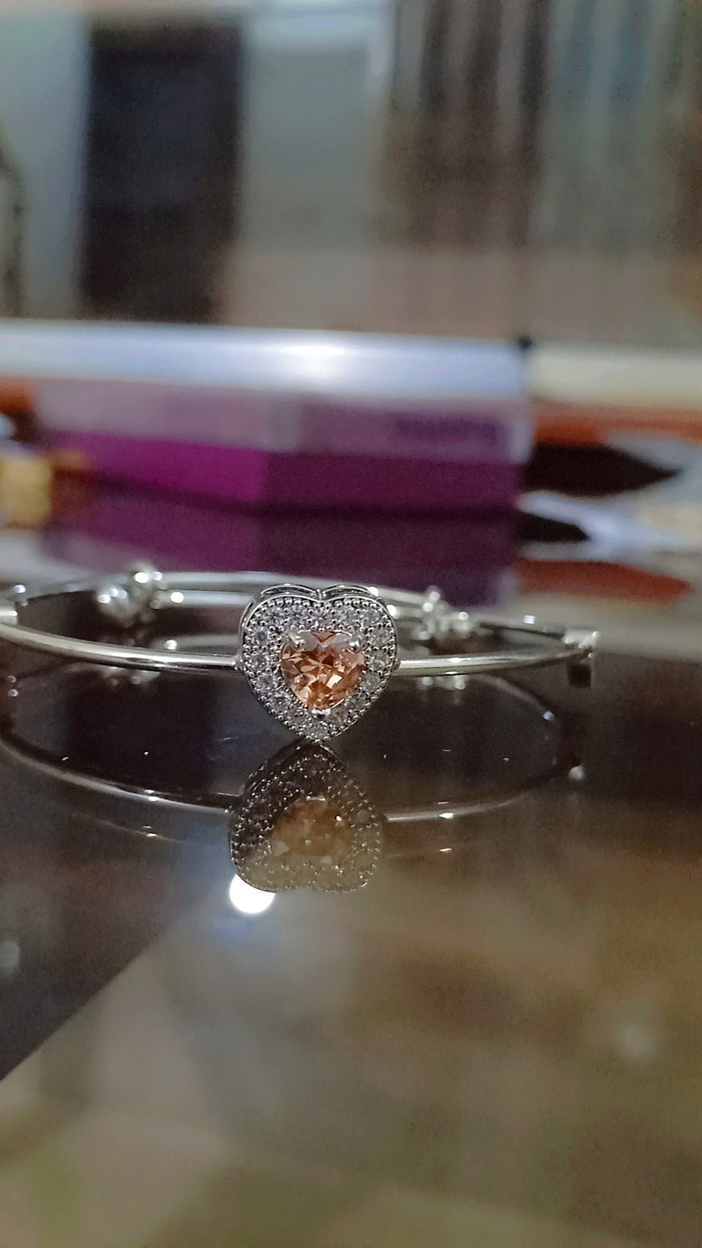 Silver Plated Heart Bangle Bracelet | CZ Crystal Halo | 4 Colors | Women's Jewelry