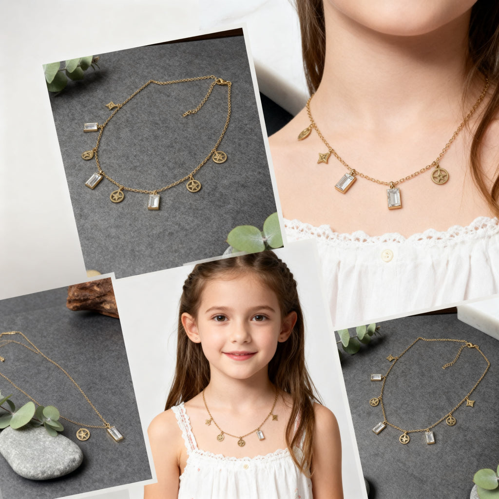 Gold Charm Necklace with Emerald & Crystal Baguettes