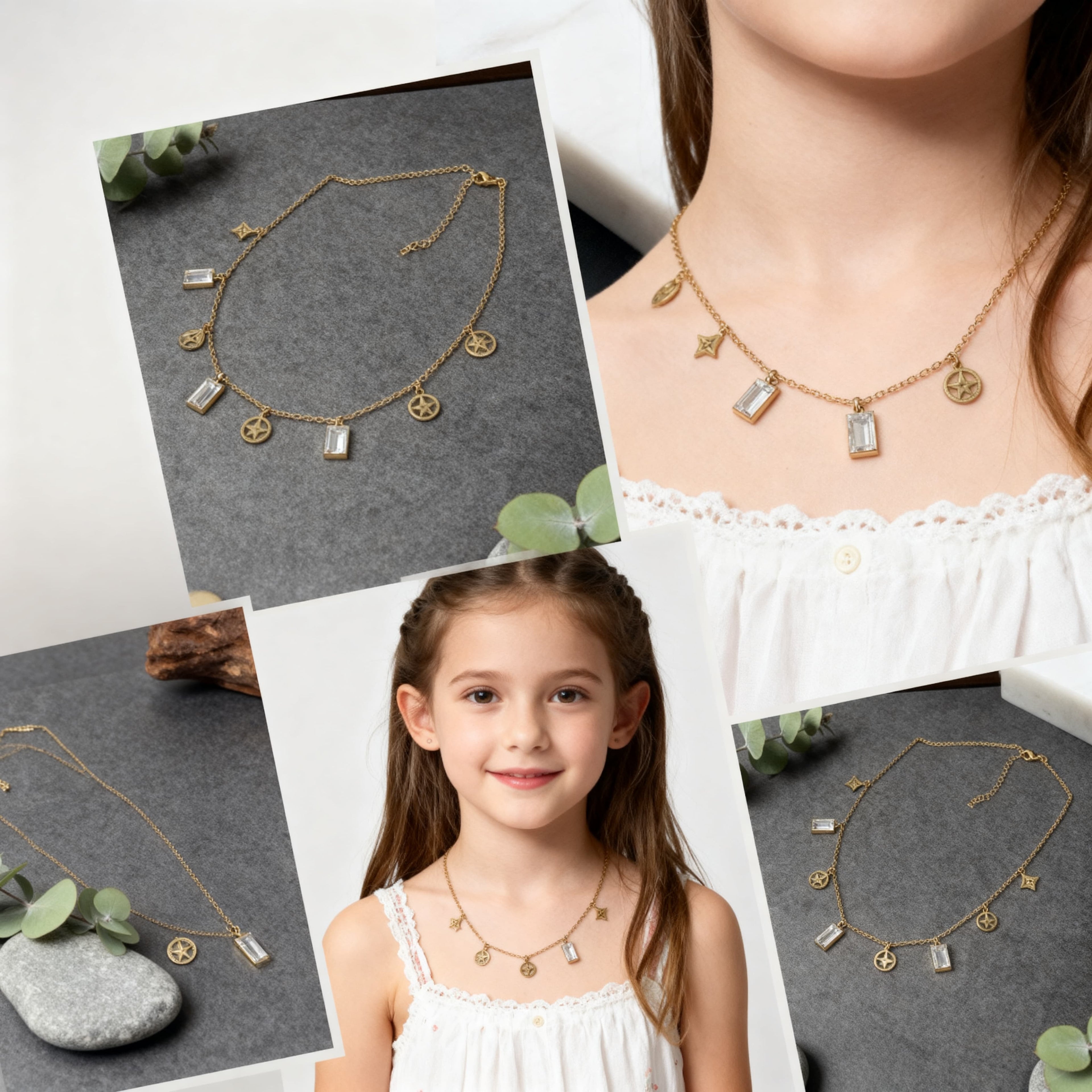 Gold Charm Necklace with Emerald & Crystal Baguettes
